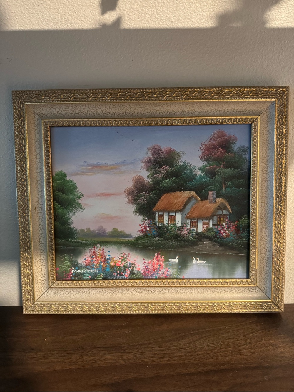 Vintage oil painting signed by Marten in gold frame 11 x 13 inches